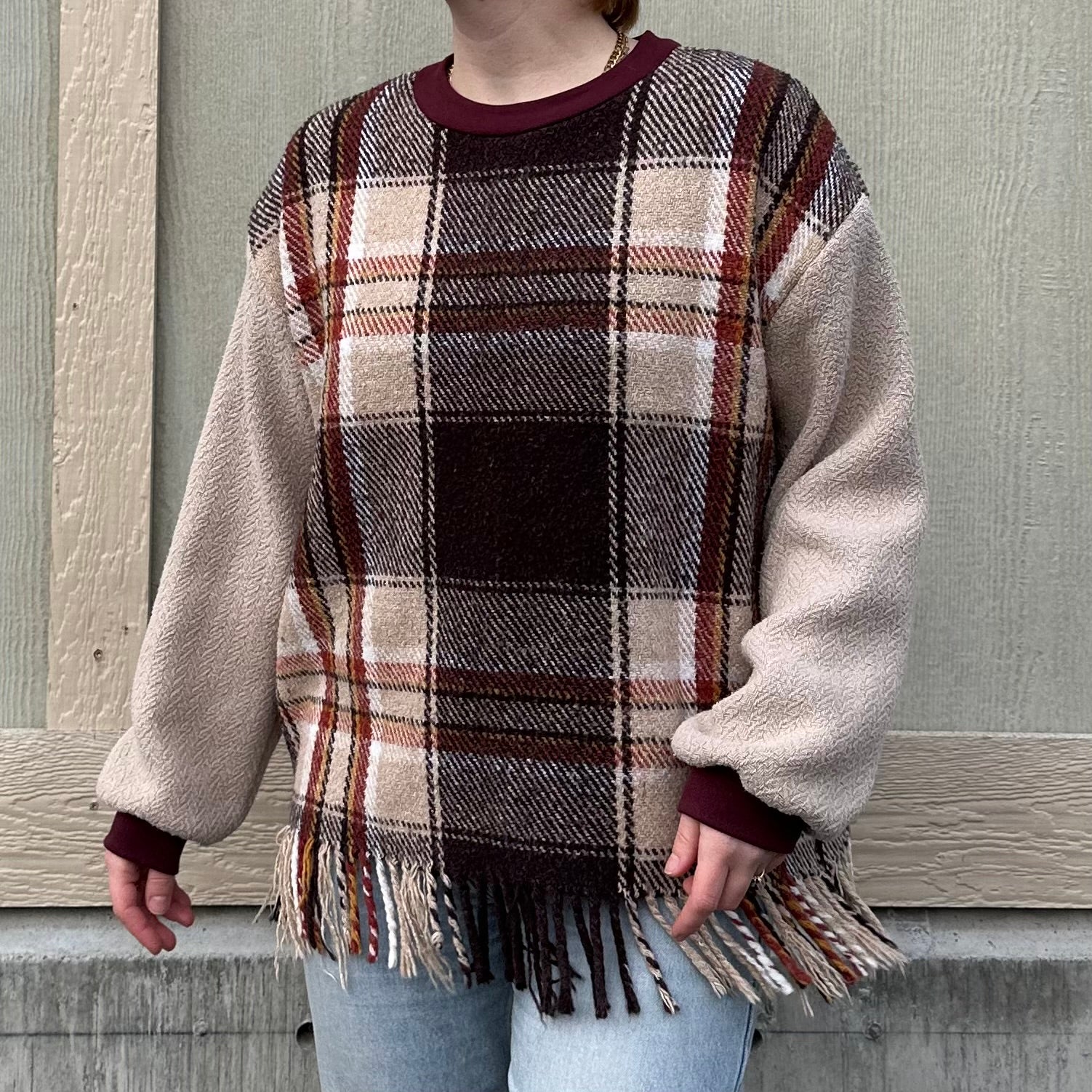 Plaid Fringe Blanket Sweater