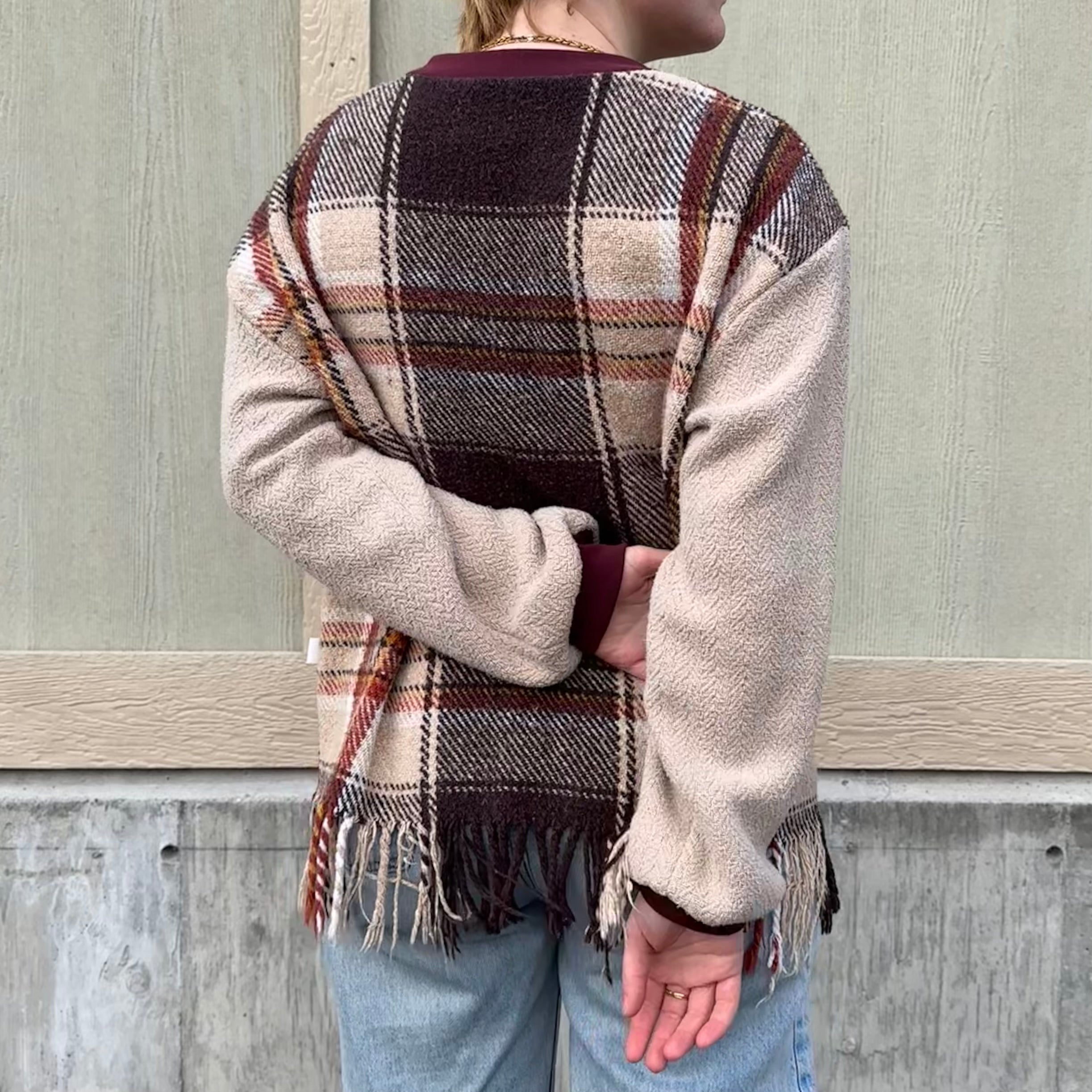 Plaid Fringe Blanket Sweater