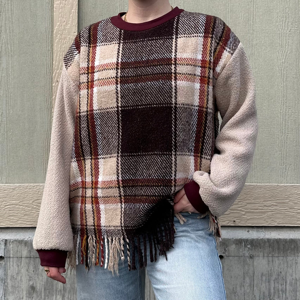 Plaid Fringe Blanket Sweater