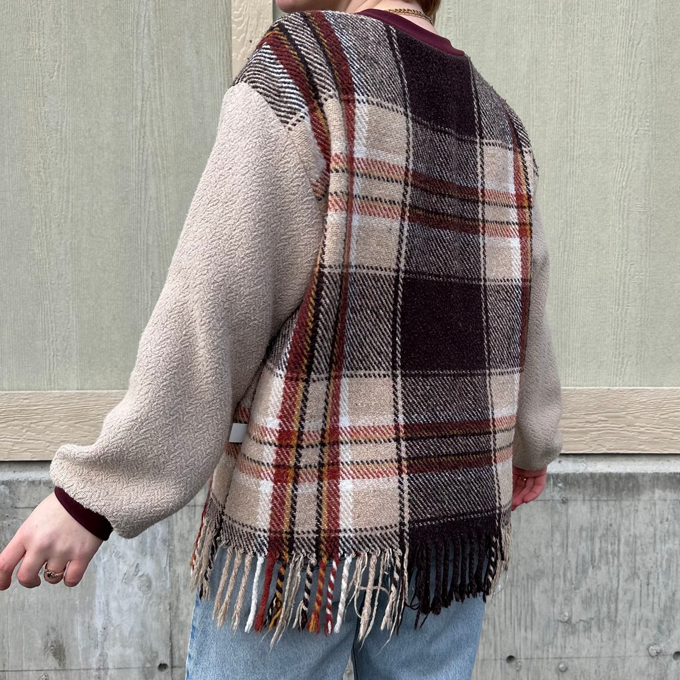 Plaid Fringe Blanket Sweater