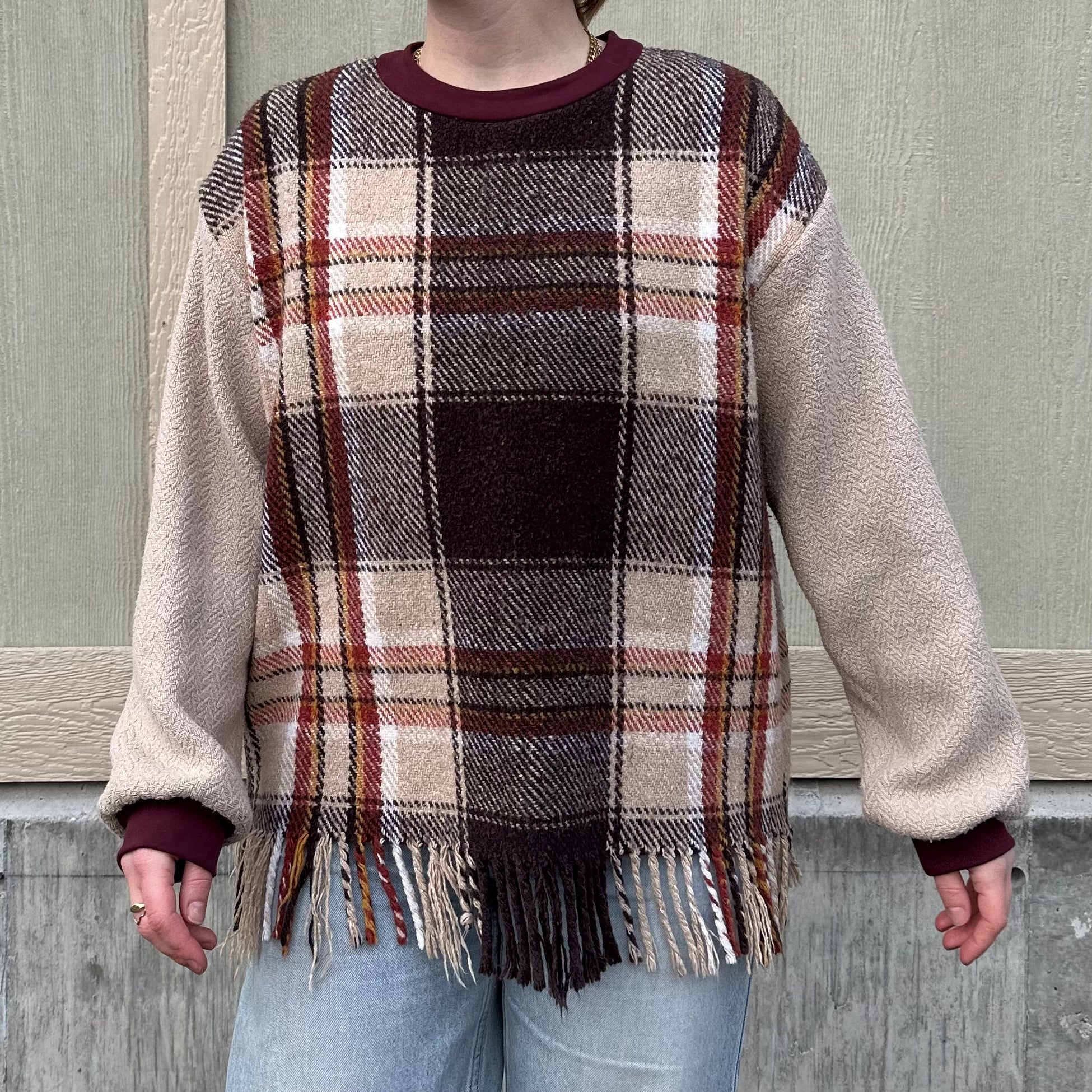Plaid Fringe Blanket Sweater